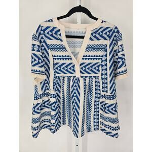 Womens Sz XXL Short Sleeve Satin Blouse White Blue Geometric Print